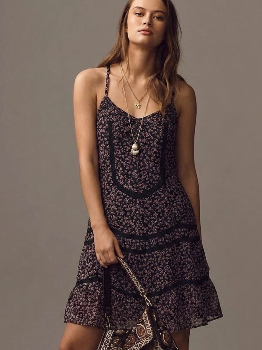 American Rag Cie Boho Spaghetti Strap Boho Ditsy Print Mini Dress